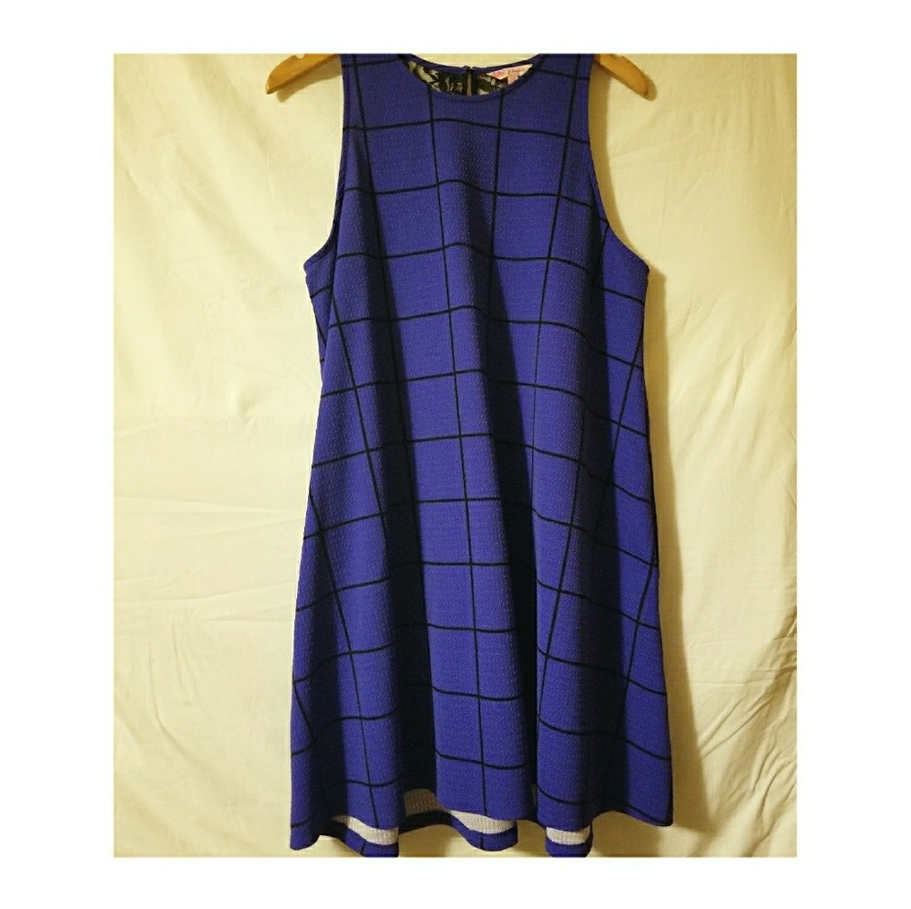 Blue dress with black grid pattern